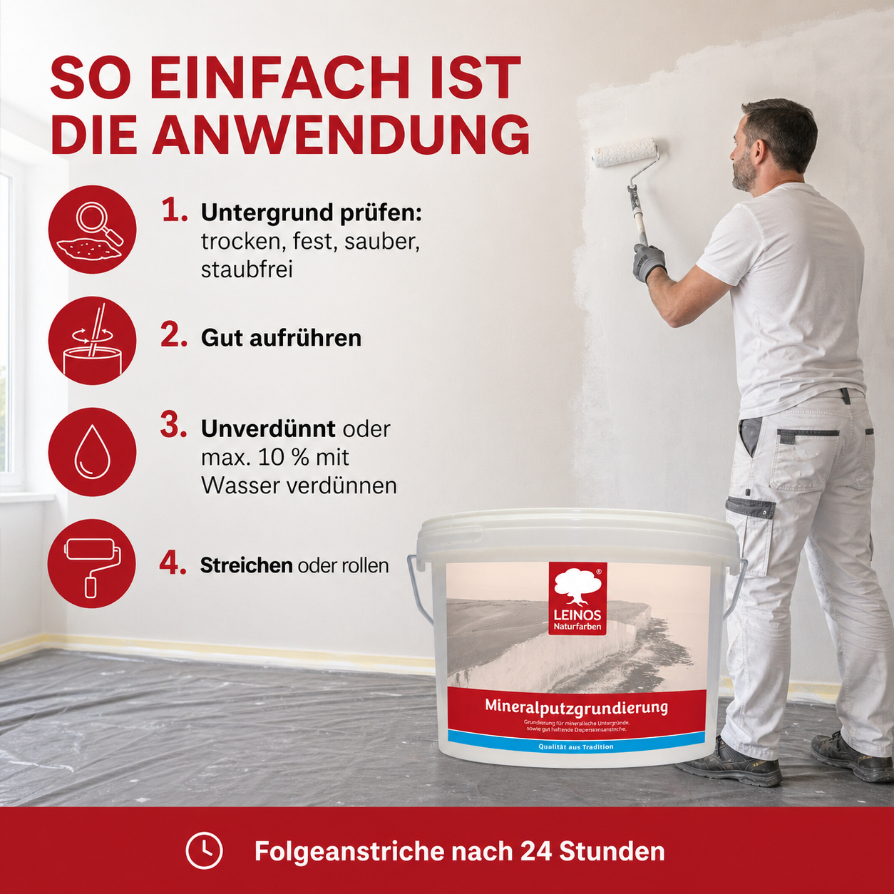 LEINOS Mineralputzgrundierung 10 L – pigmentierte, raue silikatische Grundierung für innen, Voranstrich für Silikat- und Kalkfarben auf Putz, Beton, Ziegel, Lehmputz und Gipskarton, atmungsaktiv weiß!