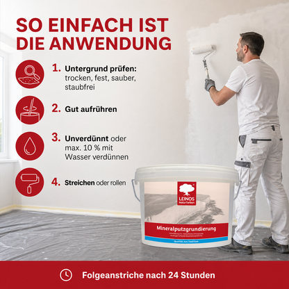 LEINOS Mineralputzgrundierung 10 L – pigmentierte, raue silikatische Grundierung für innen, Voranstrich für Silikat- und Kalkfarben auf Putz, Beton, Ziegel, Lehmputz und Gipskarton, atmungsaktiv weiß!