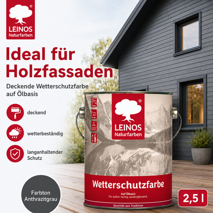 LEINOS Wetterschutzfarbe 2,5 l | Anthrazitgrau Holzlasur für Holzfassaden Fenster Gartenhäuser| wetterbeständige Deckfarbe für effektive Versiegelung und langanhaltenden Schutz auf Ölbasis im Außenbereich