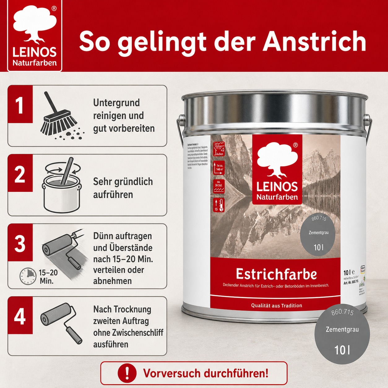 LEINOS 860 Estrichfarbe für Innen, 10l, Zementgrau