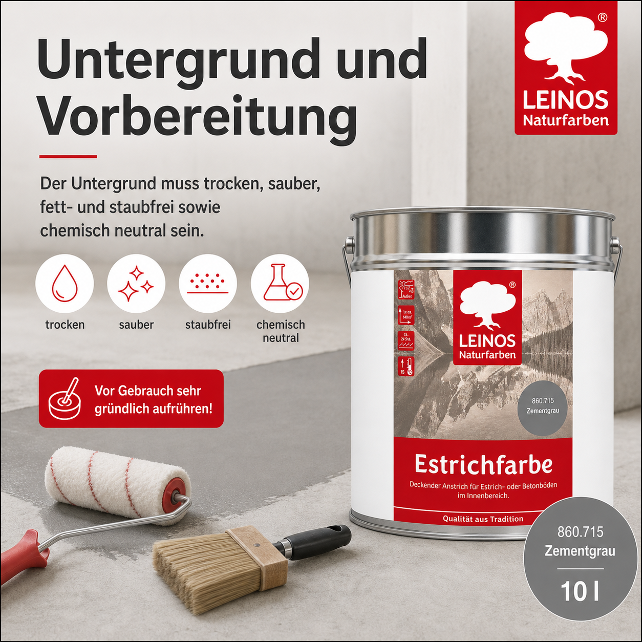 LEINOS 860 Estrichfarbe für Innen, 10l, Zementgrau