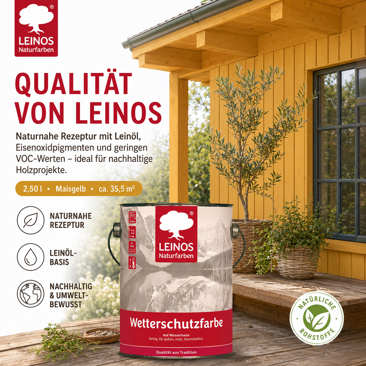 LEINOS Wetterschutzfarbe auf Wasserbasis 855 –2,50 l Maisgelb- Lösemittelfreier, matter Anstrich für unbehandelte Holzkonstruktionen im Außenbereich, ideal für sägeraues Holz