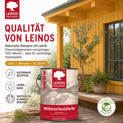 LEINOS Wetterschutzfarbe auf Wasserbasis 855 –2,50 l Maisgelb- Lösemittelfreier, matter Anstrich für unbehandelte Holzkonstruktionen im Außenbereich, ideal für sägeraues Holz