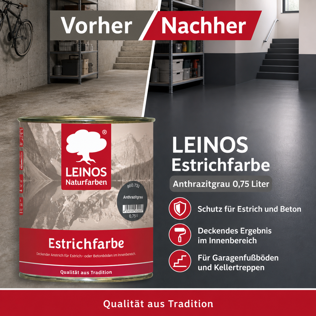 LEINOS Estrichfarbe 860 0,75L Anthrazitgrau– seidenglänzende Beton- & Estrichfarbe für Innen – strapazierfähig & deckend – für Keller, Treppen & Garagenböden – offenporiger Schutzanstrich