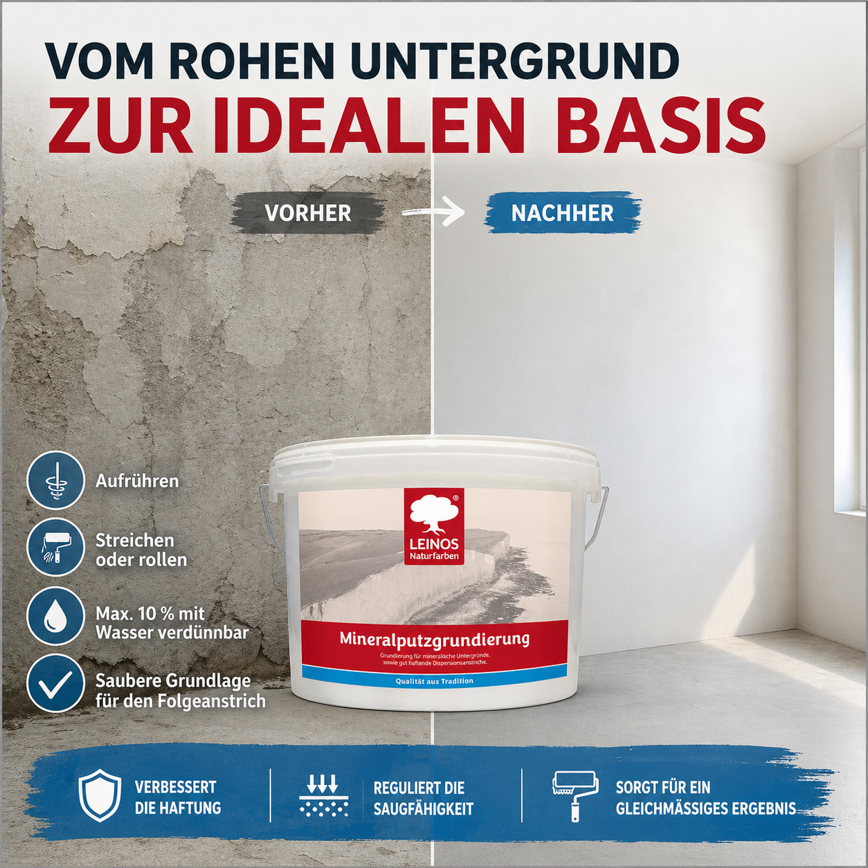 LEINOS Mineralputzgrundierung 2,5 L – pigmentierte, raue silikatische Grundierung für innen, Voranstrich für Silikat- und Kalkfarben auf Putz, Beton, Ziegel, Lehmputz und Gipskarton, atmungsaktiv weiß