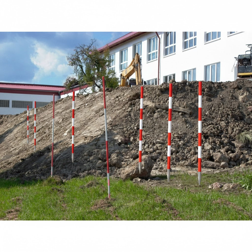 NESTLE Holzfluchtstab-Set 12 Stk | 2 m, Ø 28 mm | rot/weiß 50-cm Felder | PVC-ummantelt | runde Rohrspitze/Stahlspitze | Einfluchten & Abstecken für Vermessung, Straßenbau & GaLaBau