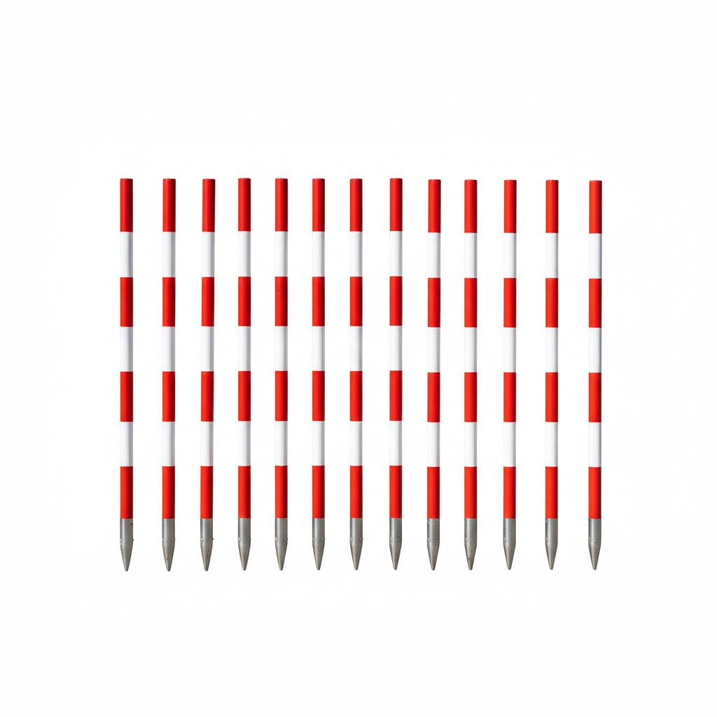 NESTLE Holzfluchtstab-Set 12 Stk | 2 m, Ø 28 mm | rot/weiß 50-cm Felder | PVC-ummantelt | runde Rohrspitze/Stahlspitze | Einfluchten & Abstecken für Vermessung, Straßenbau & GaLaBau