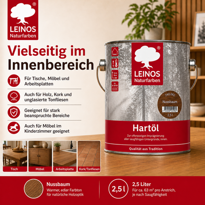 LEINOS Holzöl 2,5 l | Hartöl Nussbaum für Tische Möbel Arbeitsplatten | Teak Eiche Möbelöl für effektive Versiegelung und langanhaltenden Schutz im Innenbereich