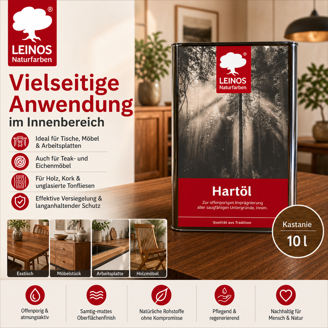 LEINOS Holzöl 10 l | Hartöl Kastanie für Tische Möbel Arbeitsplatten | Teak Eiche Möbelöl für effektive Versiegelung und langanhaltenden Schutz im Innenbereich