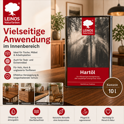LEINOS Holzöl 10 l | Hartöl Kastanie für Tische Möbel Arbeitsplatten | Teak Eiche Möbelöl für effektive Versiegelung und langanhaltenden Schutz im Innenbereich