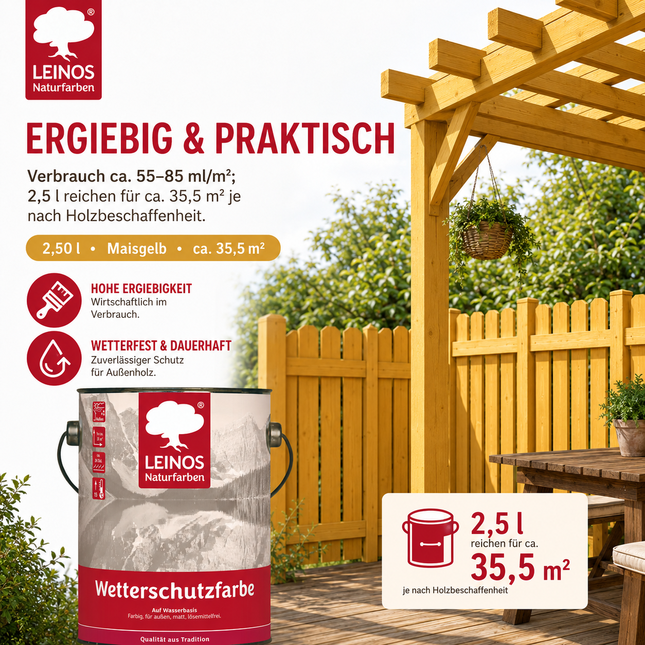 LEINOS Wetterschutzfarbe auf Wasserbasis 855 –2,50 l Maisgelb- Lösemittelfreier, matter Anstrich für unbehandelte Holzkonstruktionen im Außenbereich, ideal für sägeraues Holz