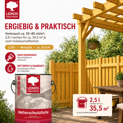 LEINOS Wetterschutzfarbe auf Wasserbasis 855 –2,50 l Maisgelb- Lösemittelfreier, matter Anstrich für unbehandelte Holzkonstruktionen im Außenbereich, ideal für sägeraues Holz