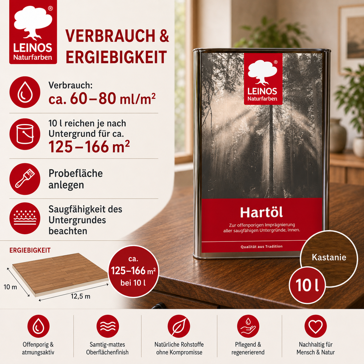LEINOS Holzöl 10 l | Hartöl Kastanie für Tische Möbel Arbeitsplatten | Teak Eiche Möbelöl für effektive Versiegelung und langanhaltenden Schutz im Innenbereich