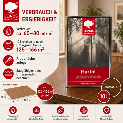 LEINOS Holzöl 10 l | Hartöl Kastanie für Tische Möbel Arbeitsplatten | Teak Eiche Möbelöl für effektive Versiegelung und langanhaltenden Schutz im Innenbereich