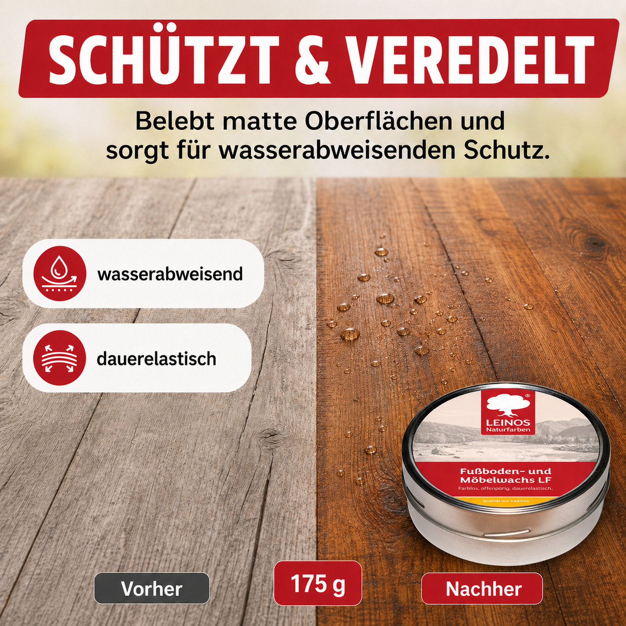 LEINOS Fußboden- & Möbelwachs LF 310 | 175 gramm  Natürliches Hartwachs für Innenbereiche | Atmungsaktiver Schutz für Holz, Kork, Tonfliesen | Reines Naturwachs mit Bienen- & Carnaubawachs