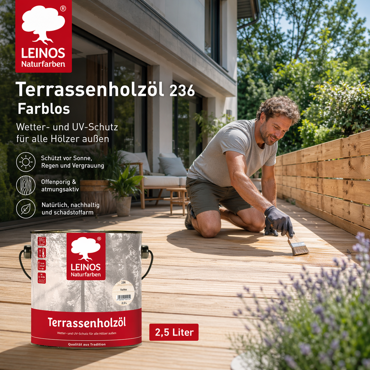 LEINOS Terrassenholzöl 236 | 2,5 Liter | Hochwertiges Holzöl für außen | Für Terrassen, Zäune, Kinderspielgeräte | Farbton: farblos | Tiefer Holzschutz & leichte Anwendung