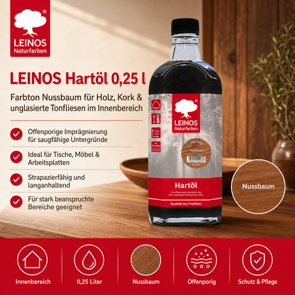 LEINOS Holzöl 250 ml | Hartöl Nussbaum für Tische Möbel Arbeitsplatten | Teak Eiche Möbelöl für effektive Versiegelung und langanhaltenden Schutz im Innenbereich