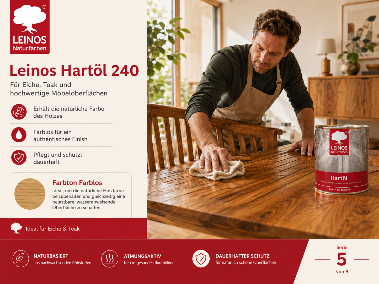 LEINOS Holzöl 750 ml | Hartöl Farblos für Tische Möbel Arbeitsplatten | Teak Eiche Möbelöl für effektive Versiegelung und langanhaltenden Schutz im Innenbereich