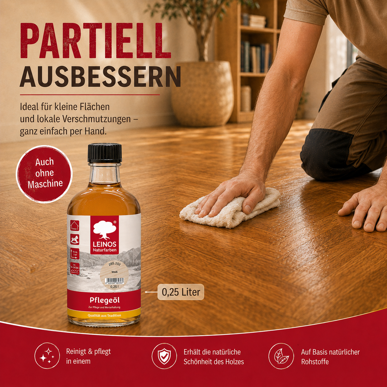LEINOS 285 Pflegeöl 202 Weiß 0,25 Liter | Zur Behandlung aller geölten und gewachsten Flächen wie Holz, Kork und Linoleum im Innenbereich |