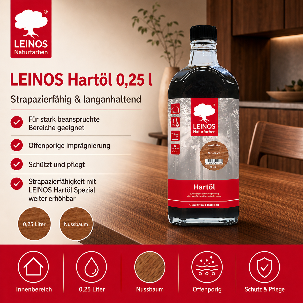 LEINOS Holzöl 250 ml | Hartöl Nussbaum für Tische Möbel Arbeitsplatten | Teak Eiche Möbelöl für effektive Versiegelung und langanhaltenden Schutz im Innenbereich