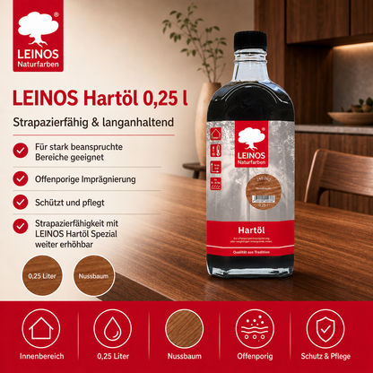 LEINOS Holzöl 250 ml | Hartöl Nussbaum für Tische Möbel Arbeitsplatten | Teak Eiche Möbelöl für effektive Versiegelung und langanhaltenden Schutz im Innenbereich