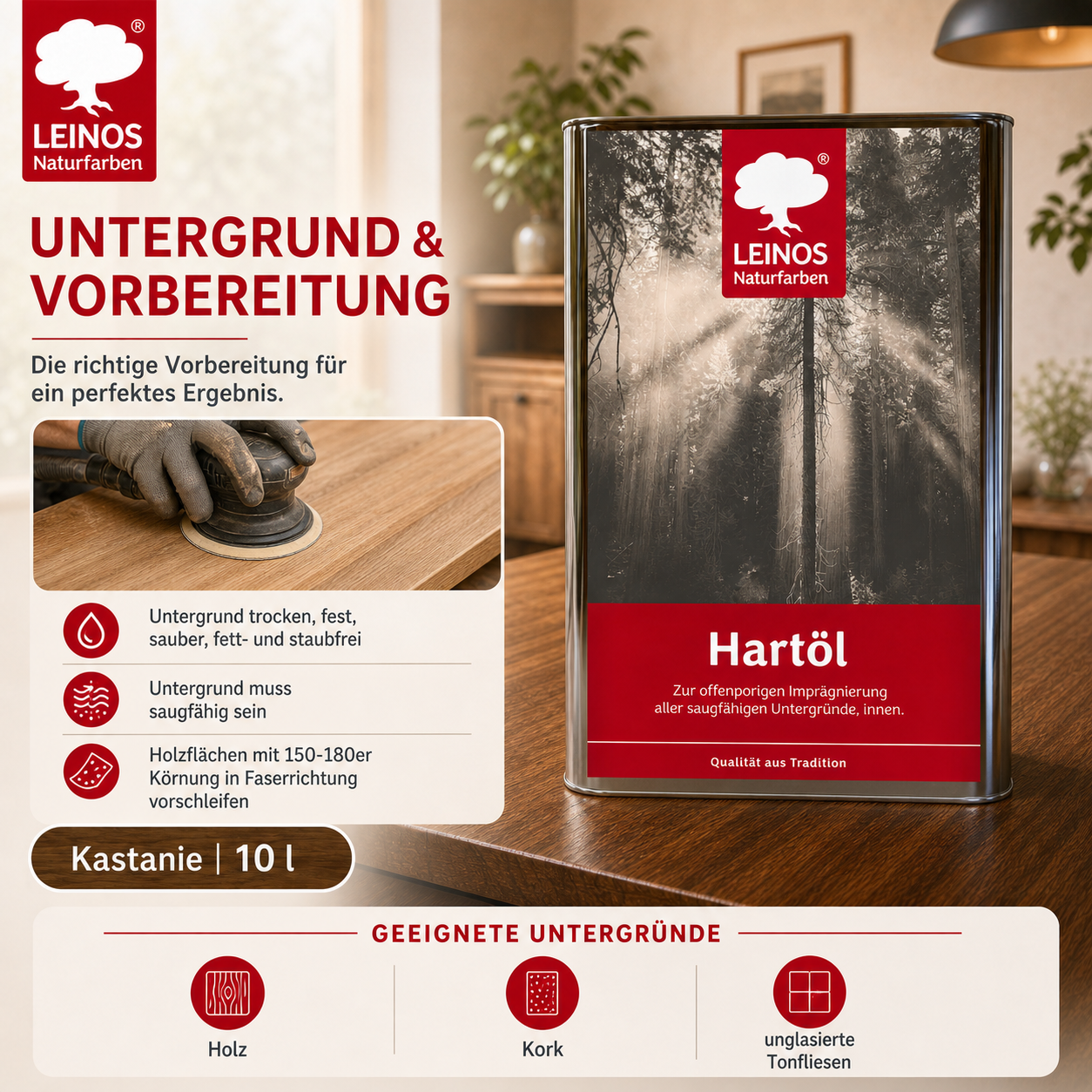 LEINOS Holzöl 10 l | Hartöl Kastanie für Tische Möbel Arbeitsplatten | Teak Eiche Möbelöl für effektive Versiegelung und langanhaltenden Schutz im Innenbereich