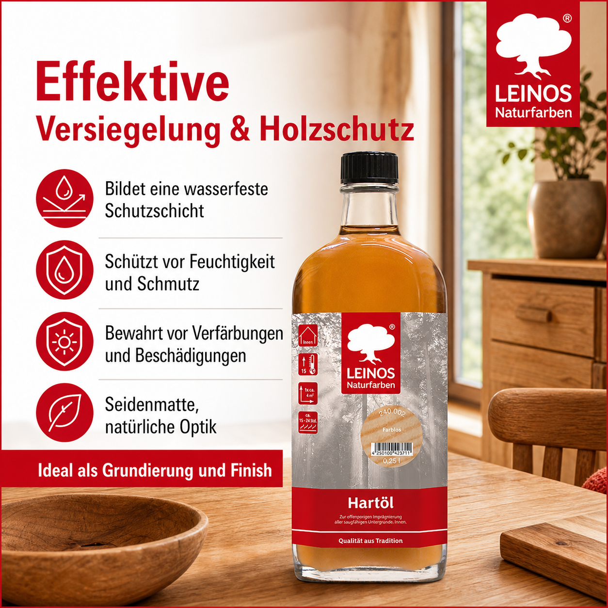 LEINOS Holzöl 250 ml | Hartöl Farblos für Tische Möbel Arbeitsplatten | Teak Eiche Möbelöl für effektive Versiegelung und langanhaltenden Schutz im Innenbereich