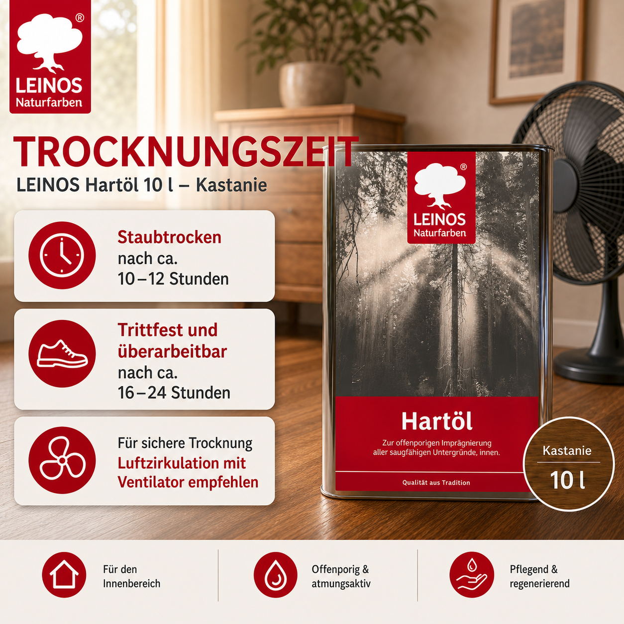 LEINOS Holzöl 10 l | Hartöl Kastanie für Tische Möbel Arbeitsplatten | Teak Eiche Möbelöl für effektive Versiegelung und langanhaltenden Schutz im Innenbereich