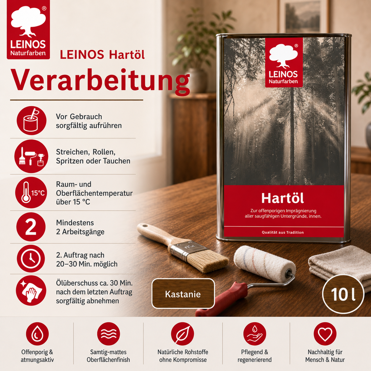 LEINOS Holzöl 10 l | Hartöl Kastanie für Tische Möbel Arbeitsplatten | Teak Eiche Möbelöl für effektive Versiegelung und langanhaltenden Schutz im Innenbereich