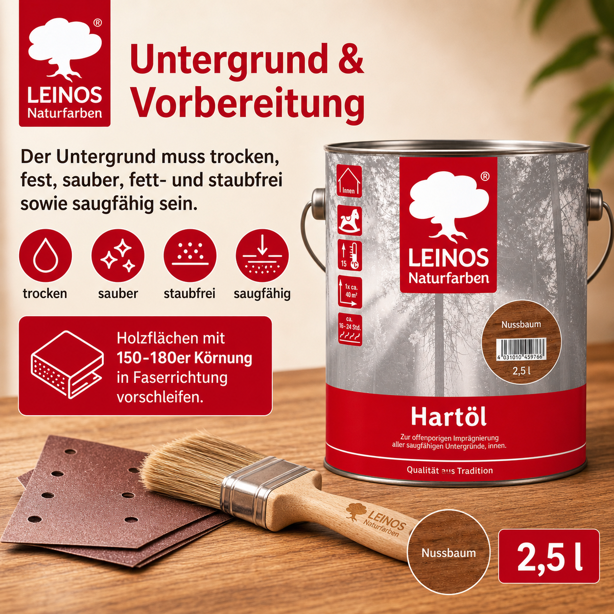 LEINOS Holzöl 2,5 l | Hartöl Nussbaum für Tische Möbel Arbeitsplatten | Teak Eiche Möbelöl für effektive Versiegelung und langanhaltenden Schutz im Innenbereich